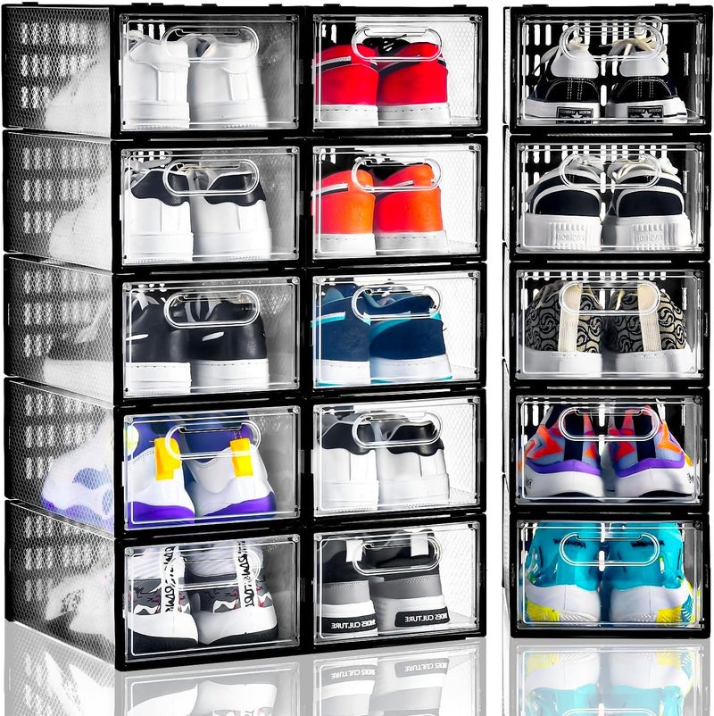 Clemate 15 Pack Shoe Storage Boxes, Clear Plastic Stackable Shoe Organizer for Closet, Shoe Box with Magnetic Door, Foldable Shoe Storage Bin, Sneaker Storage Box Shoe Rack Container Holder, Size 9 - Image 1